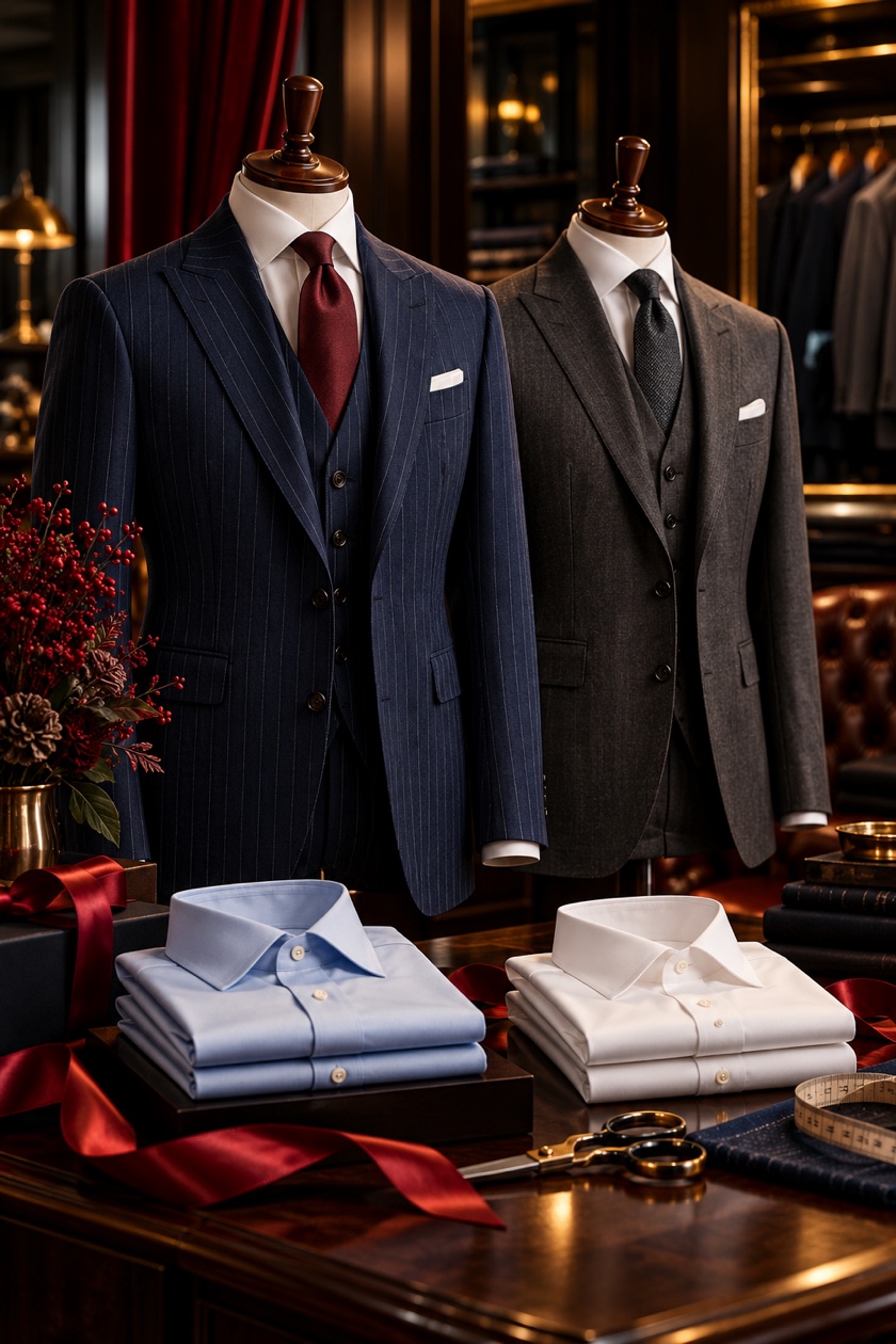 Luxury navy and charcoal bespoke suits with custom shirts for Raymik Custom Tailor's Black Friday sale